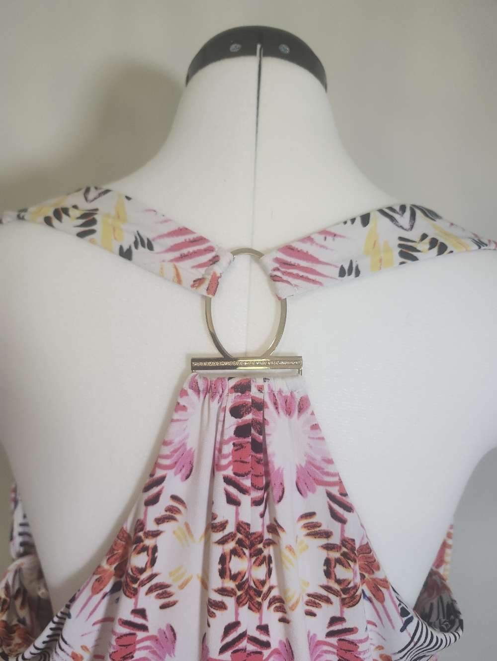 Ivanka Trump Razorback Halter Gold Ring Multicolor Abstract Print Maxi Dress S L - Picture 5 of 11